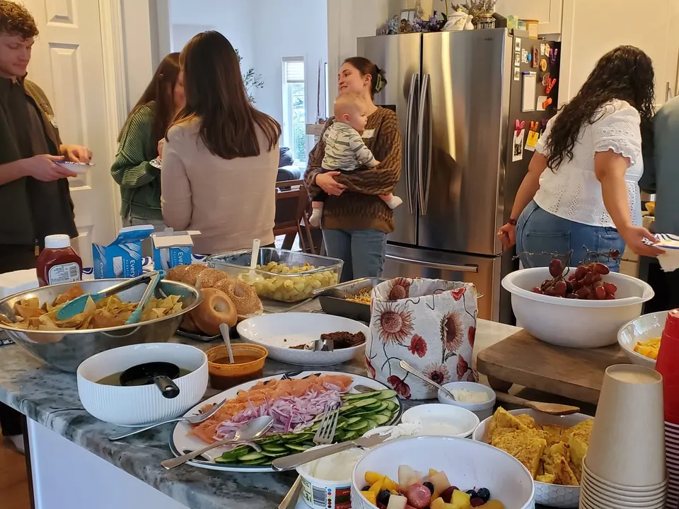 A table full of brunch dishes